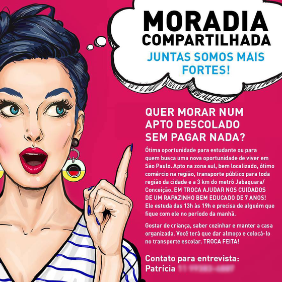 Em anúncio, a designer Patrícia Gomes Benfica ofereceu moradia em um &quot;apartamento descolado” em São Paulo. Em troca, a pessoa deveria ajudar nos cuidados de seu filho (Foto: Reprodução)