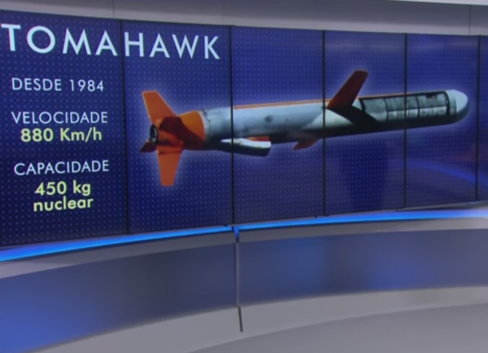 Míssil Tomahawk chega a atingir a velocidade de 800 km/h; 59 mísseis deste tipo foram lançados contra base militar da Síria. (Foto: Reprodução/TV Globo)