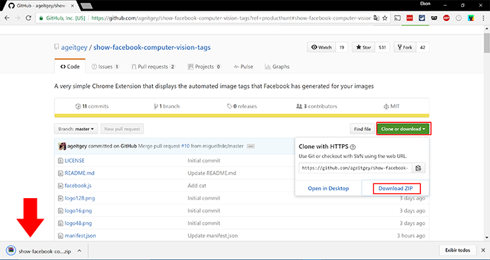 Faça o download do arquivo ZIP da extensão no GitHub (Foto: Reprodução/Elson de Souza)