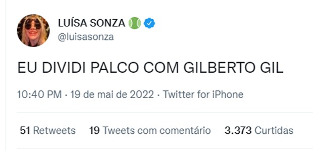 Luísa Sonza posta após show com Gilberto Gil (Foto: Reprodução/Twitter)