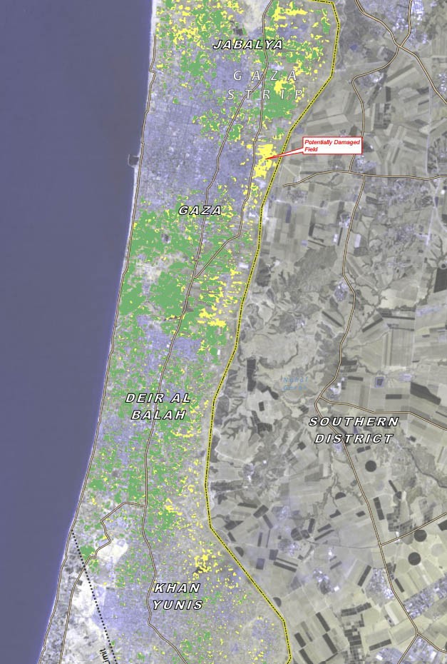 Imagem de satélite mostra plantações agrícolas destruídas em confronto entre Hamas e Israel (em amarelo) (Foto: Unosat/United Institute for Training and Research)