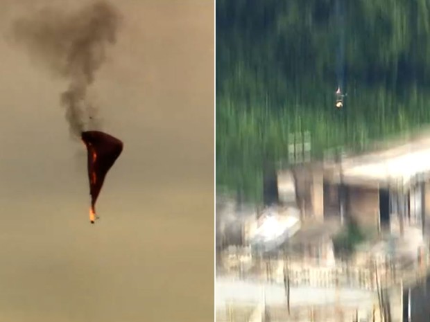 Balão pegou fogo e caiu em área próxima a barracos (Foto: TV Globo/Reprodução)