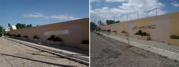 Familiares dos adolescentes foram obrigados a pintar o muro pichado (Foto: Carlos Júnior)