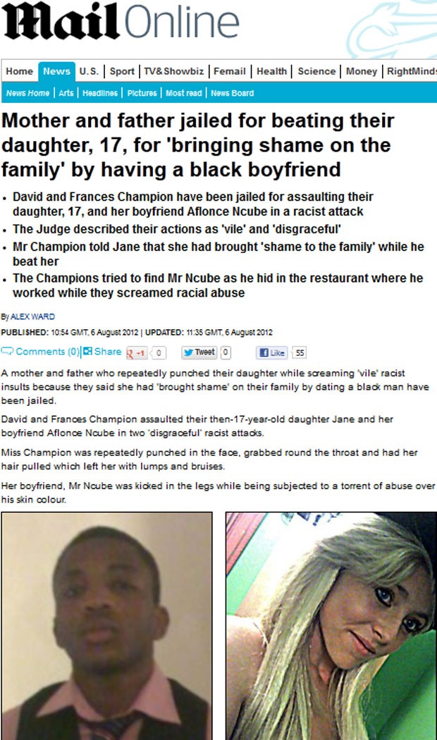 Adolescente foi agredida pelos pais por ter namorado negro (Foto: Reprodução)
