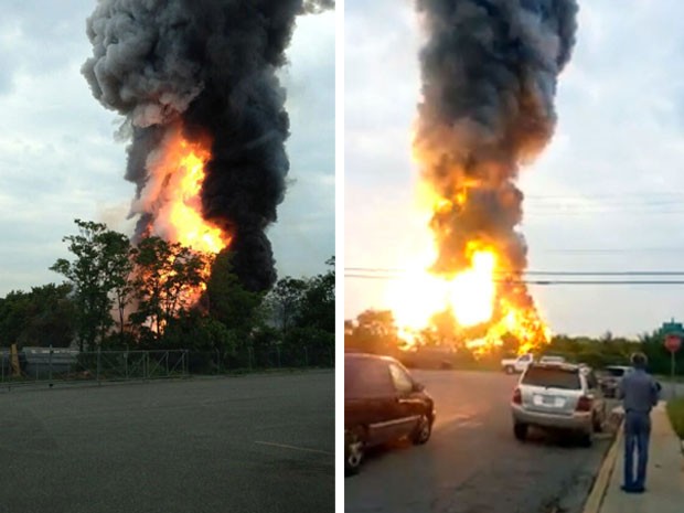 Moradores registraram momento em que trem que havia descarrilado explode em Maryland, nos EUA (Foto: Kevin Lindemann, James LeBrun/AP)