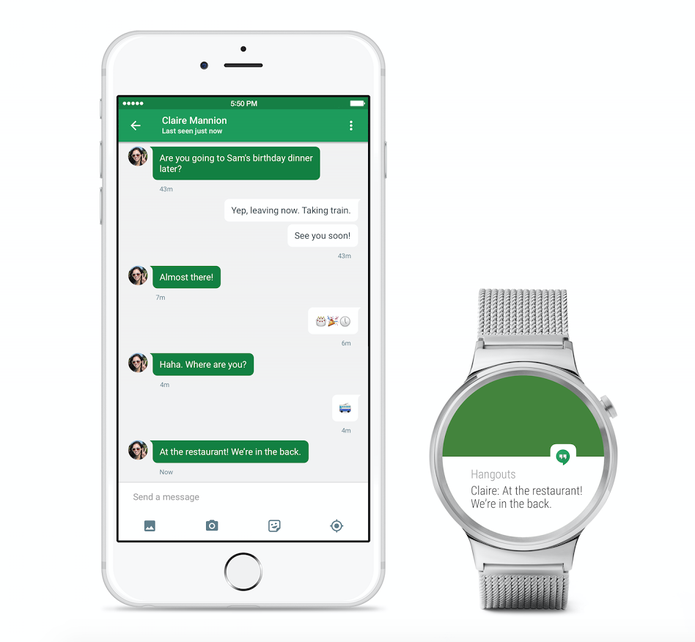 Hangouts rodando no iPhone e no Android Wear (Foto: Divulgação/Google) Hangouts rodando no iPhone e no Android Wear (Foto: Divulgação/Google)