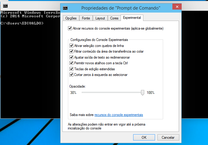 Habilitando funcionalidades adicionais do Prompt de Comando (Foto: Reprodução/Edivaldo Brito)