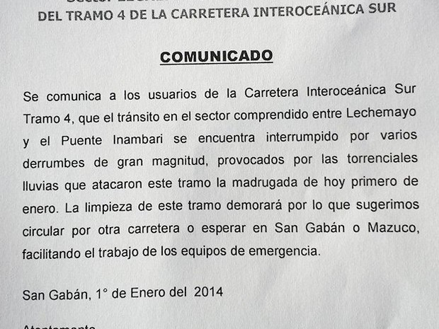 Comunicado aos turistas sobre deslizamentos no Peru (Foto: Eliane Sinhasique/Arquivo pessoal)