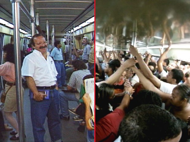 A diferença entre o metrô confortável de 1992 (à esquerda), e o superlotado de 2012 (à direita) (Foto: Reprodução/TV Globo)
