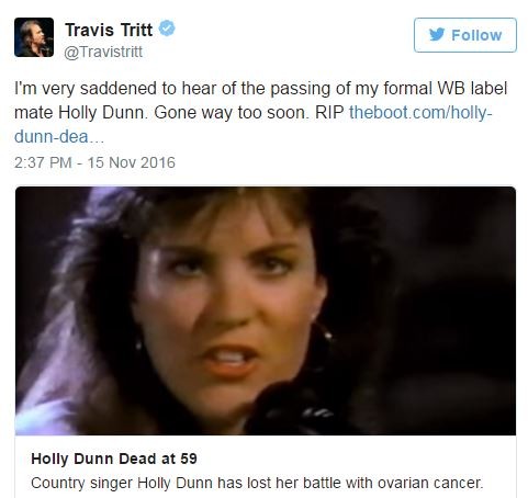 Travis Tritt sobre morte de Holly Dunn (Foto: Reprodução / Twitter)