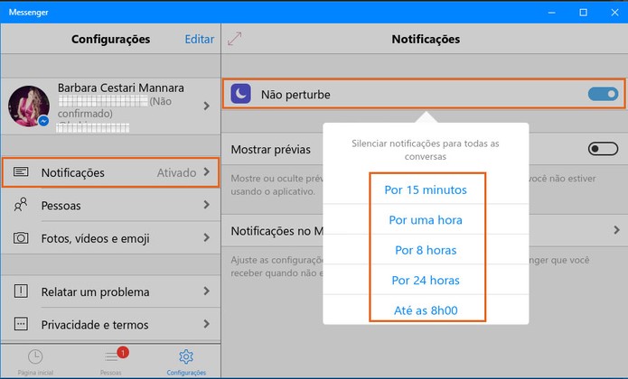 Ative o modo de não perturbe para silenciar notificações no Messenger para PC (Foto: Reprodução/Barbara Mannara)