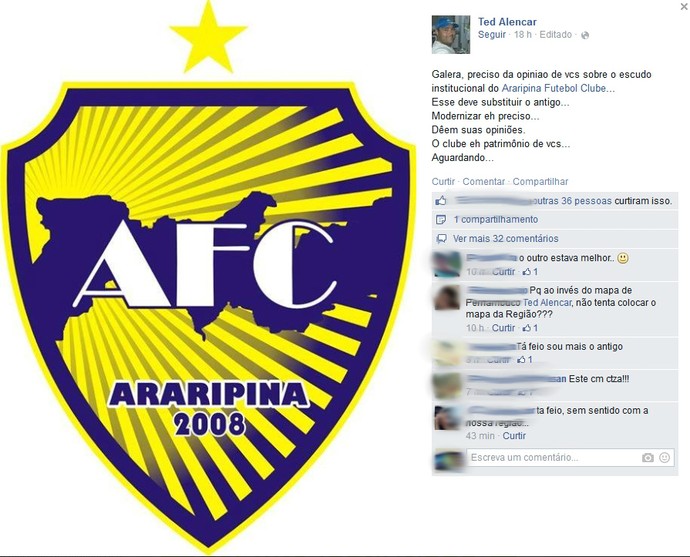 Na rede social, presidente aponta proposta de mudança do escudo do Araripina (Foto: Reprodução/Facebook )