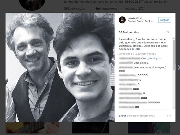 Lucas Veloso, o 'Lucas' da novela, prestou homenagem a Montagner no Instagram (Foto: Reprodução/Instagram/lucasveloso_)