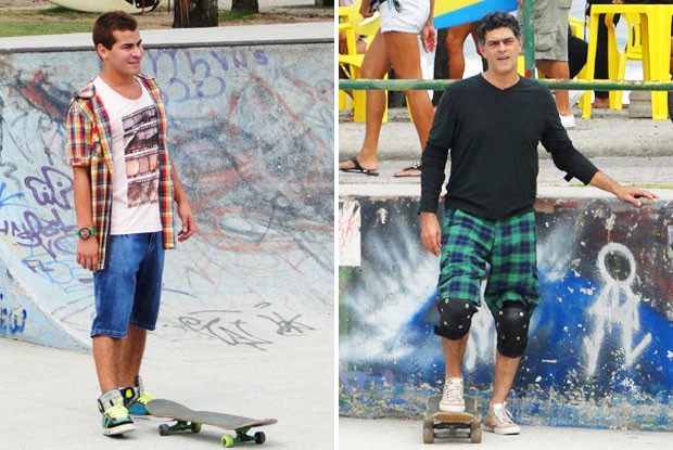 Léo bem que tenta arrasar no skate, mas Dudu desbanca o 'coroa' (Foto: Louco por Elas/TV Globo)