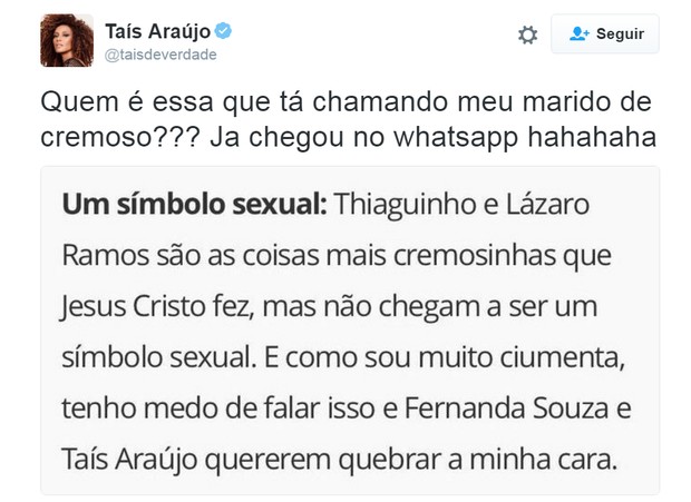 Diálogo de Taís Araújo e Lázaro Ramos faz sucesso n Twitter (Foto: Reprodução/Twitter)