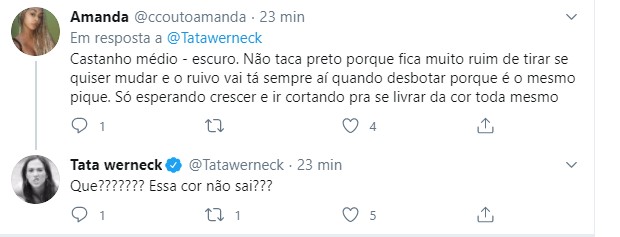Tata Werneck conta aos seguidores que pintou os cabelos (Foto: Reprodução/Twitter) Tata Werneck conta aos seguidores que pintou os cabelos (Foto: Reprodução/Twitter)