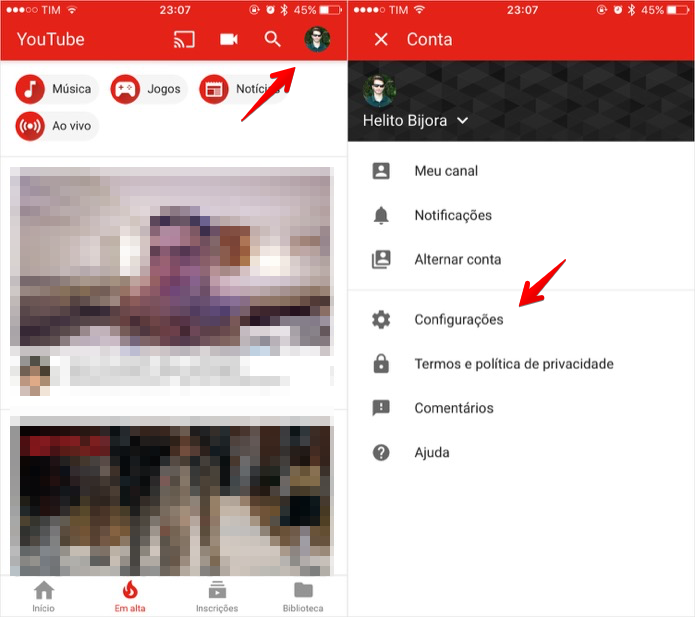 Acesse as configurações do app do YouTube no celular (Foto: Reprodução/Helito Bijora)