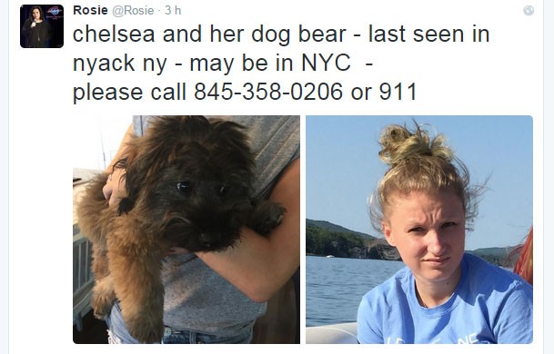 Imagens publicada por Rosie O'Donnell no Twitter mostram sua filha Chelsea e o cão da garota, que está desaparecida (Foto: Reprodução/Twitter/Rosie) Imagens publicada por Rosie O'Donnell no Twitter mostram sua filha Chelsea e o cão da garota, que está desaparecida (Foto: Reprodução/Twitter/Rosie)