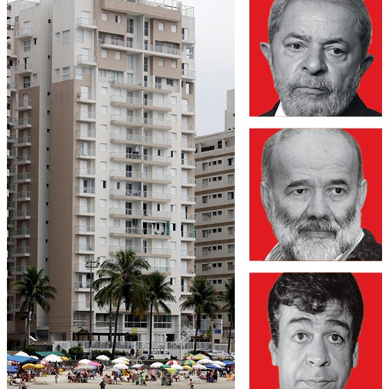 O prédio e seus condôminos: o ex-presidente Lula, que desistiu do apartamento, o ex-tesoureiro João Vaccari Neto e o segurança petista Freud Godoy (Foto: Paulo Whitaker/Reuters, Fábio Motta/Estadão Conteúdo, Rodrigo Félix Leal/Futura Press, JF Diorio/Estadão Conteúdo)