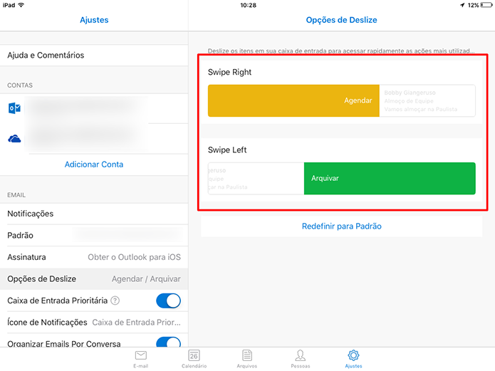 Usuário precisa selecionar qual gesto deseja alterar no Outlook para iOS (Foto: Reprodução/Elson de Souza)