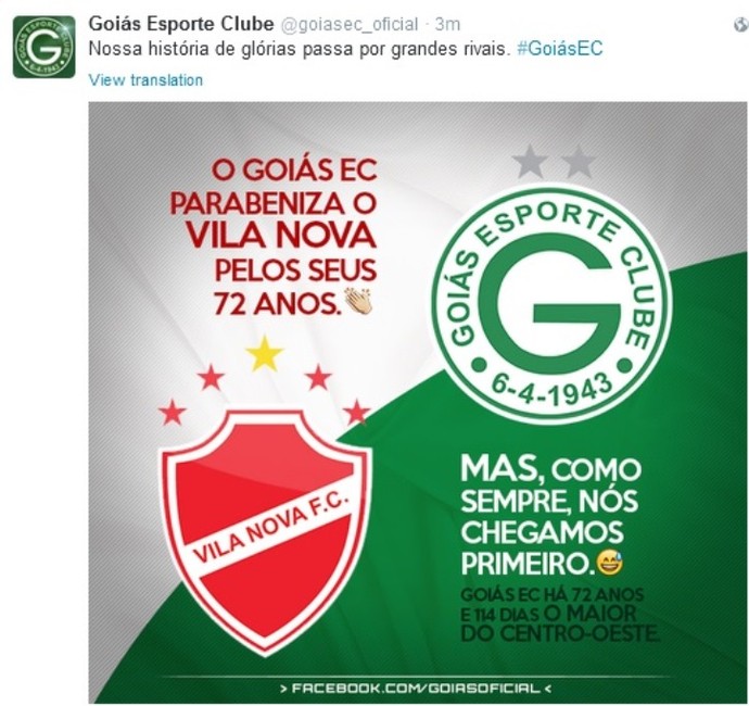 Goiás parabeniza e provoca rival Vila Nova (Foto: Reprodução / Twitter)