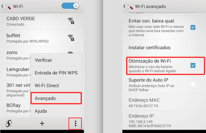 Assegure-se de que a Otimização de Wi-Fi esteja desmarcada no seu Android 4.4 ou superior (Foto: Reprodução) 