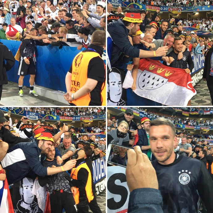 Podolski retribui carinho da torcida alemã após vitória em Lille (Foto: Ivan Raupp)
