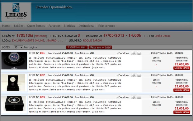 relógio Flamengo Hublot leilão lances (Foto: Reprodução)