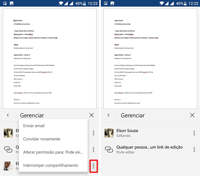 Usuário pode remover contatos com os quais não deseja compartilhar documento (Foto: Reprodução/Elson de Souza)