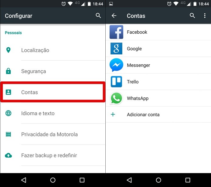 VÃ¡ atÃ© o menu Contas do smartphone (Foto: ReproduÃ§Ã£o/Felipe Alencar)
