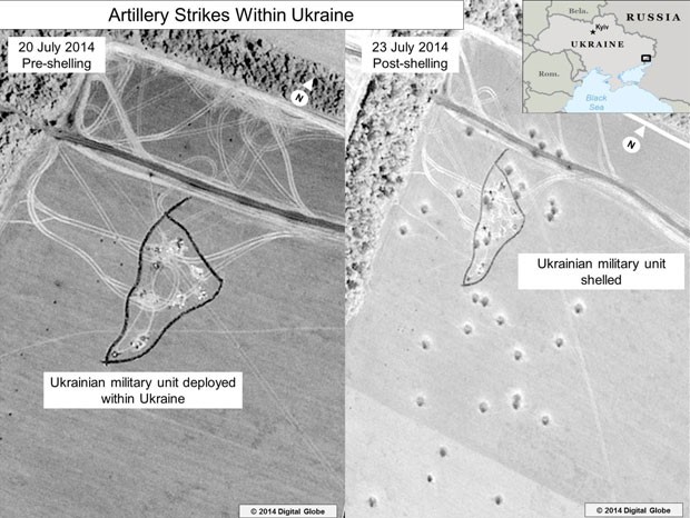 Imagem aproximada de antes e depois dos ataques com artilharia mostrados na parte inferior do slide inicial (Foto: AP/Departamento de Estado dos EUA)