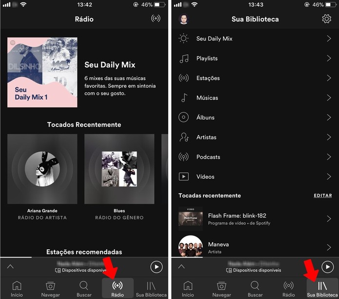 Seções Rádio e Sua Biblioteca do Spotify para celular (Foto: Reprodução/Rodrigo Fernandes) Seções Rádio e Sua Biblioteca do Spotify para celular (Foto: Reprodução/Rodrigo Fernandes)