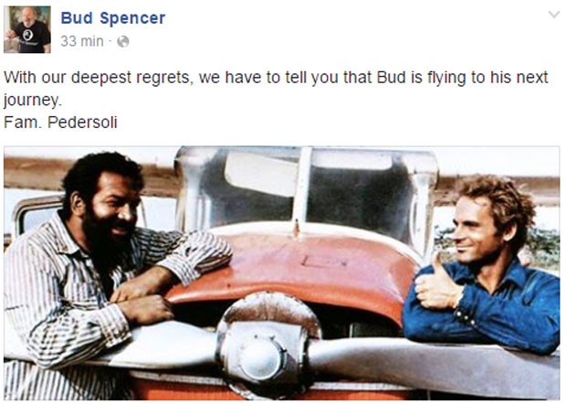 Página oficial de Bud Spencer confirma morte com imagem do ator e Terrence Hill (Foto: Reprodução/Facebook/BudSpencer)