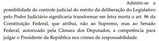 Trecho de decisão de Teori Zavaschi que negou pedido da AGU para anular processo de impeachment de Dilma (Foto: Reprodução)