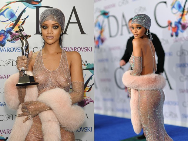 Rihanna posa de vestido transparente no CFDA Fashion Aswards, em Nova York, nesta segunda-feira (2) (Foto:  Larry Busacca/Getty Images/AFP e Dimitrios Kambouris/Getty Images/AFP)
