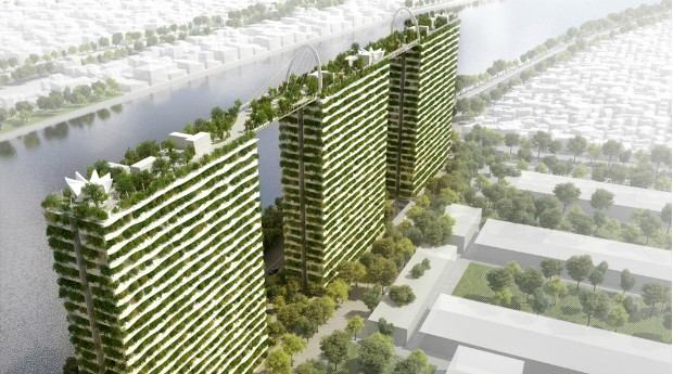 Arquitetos desenvolvem prédios conectados por jardins no terraço "Não é os centros urbanos o veiculo da poluição com a emissão de gases CO2" Predios-ecologicos