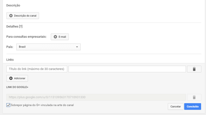 Configurações de canal mostram formas de entrar em contato com usuário (Foto: Reprodução/João Kurtz) Configurações de canal mostram formas de entrar em contato com usuário (Foto: Reprodução/João Kurtz)
