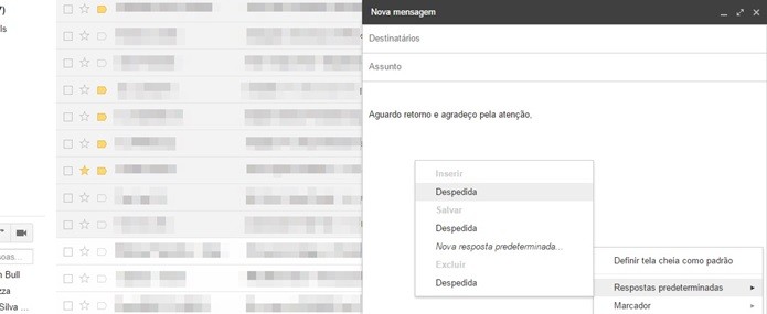 Opção Respostas predeterminadas permite salvar textos muito usados (Foto: Reprodução/Raquel Freire)