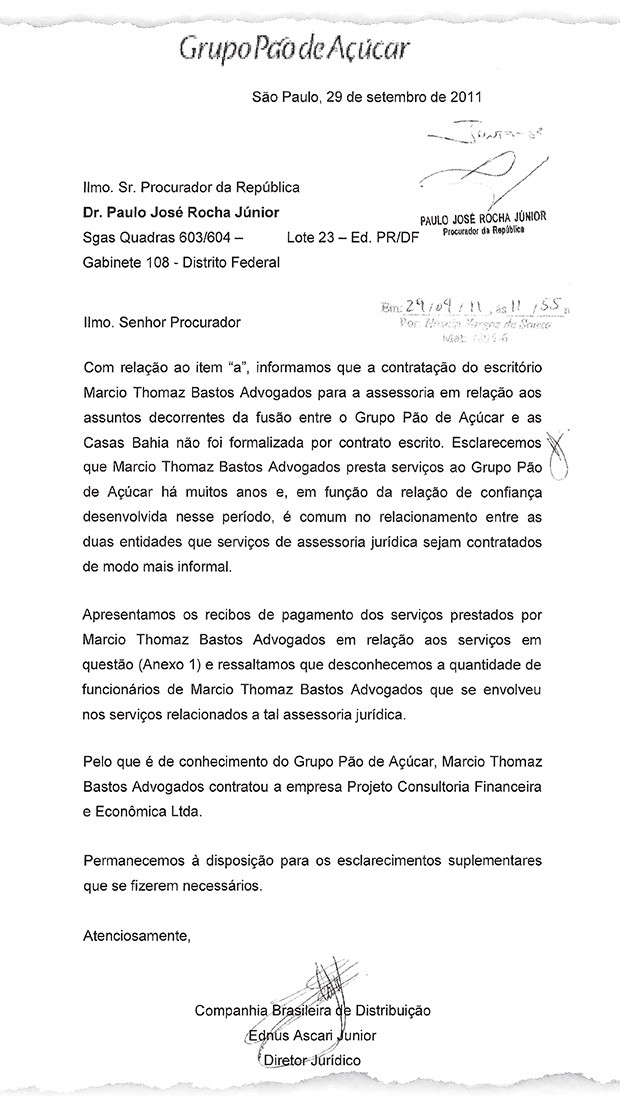 Pão de Açúcar responde o MPF, atestando contrato de boca com o escritório de Márcio Thomaz Bastos e reconhecimento de que o grupo tinha ciência da subcontratação de Palocci (Foto: Reprodução)