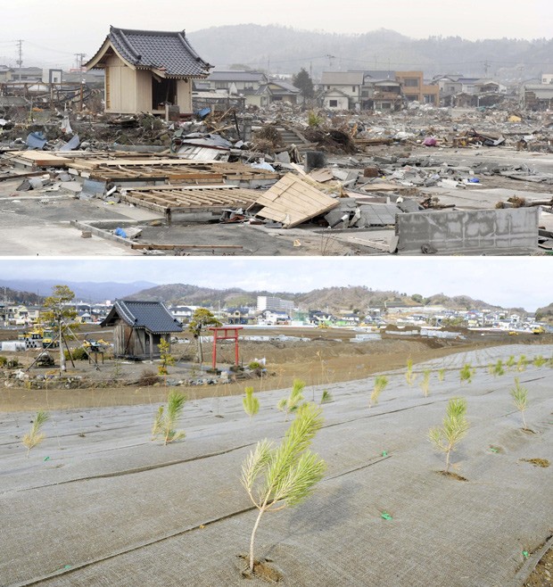 A cidade de Iwaki arrasada pelo tsunami em foto tirada em 27 de abril de 2011 (esquerda); abaixo, foto do mesmo lugar tirada em 5 de março de 2016 (Foto: Kyodo/Reuters)