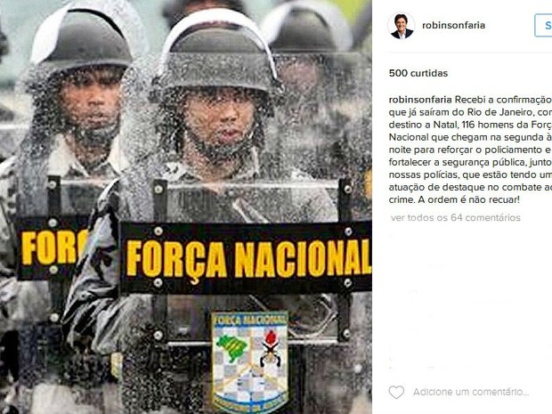 Governador anunciou chegada da Força Nacional pelo Instagram (Foto: Reprodução/Instagram)