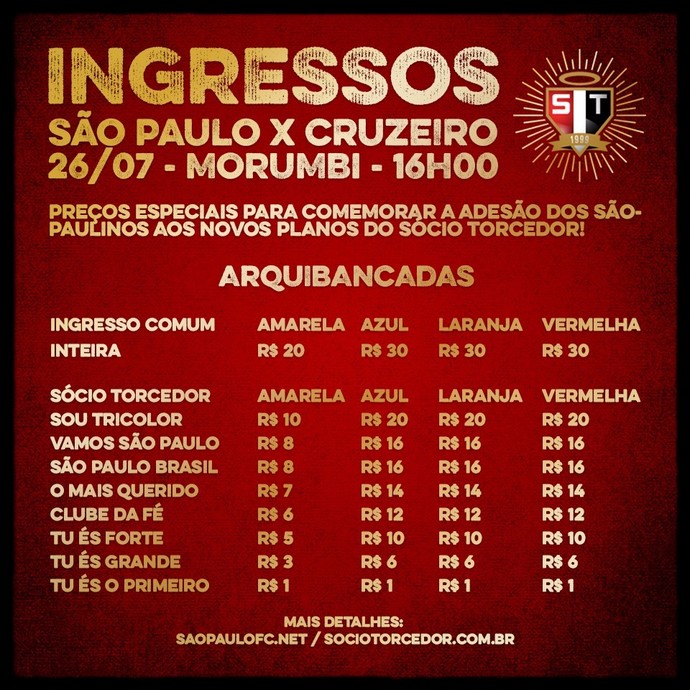 Ingressos jogo São Paulo x Cruzeiro (Foto: Site oficial do SPFC)