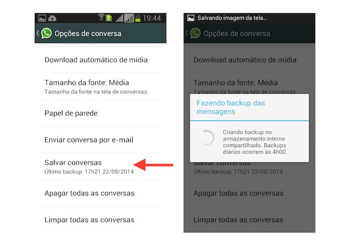 Realizando backup de conversas no WhatsApp para Android (Foto: Reprodução/Marvin Costa)