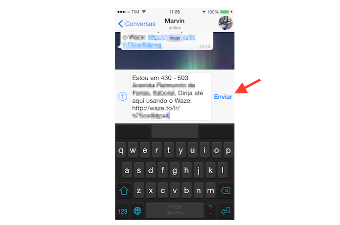 Enviando pelo WhatsApp um link do Waze com a localização atual do usuário (Foto: Reprodução/Marvin Costa)