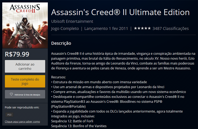 Página de Assassins Creed 2 na PS Store (Foto: Reprodução/André Mello)
