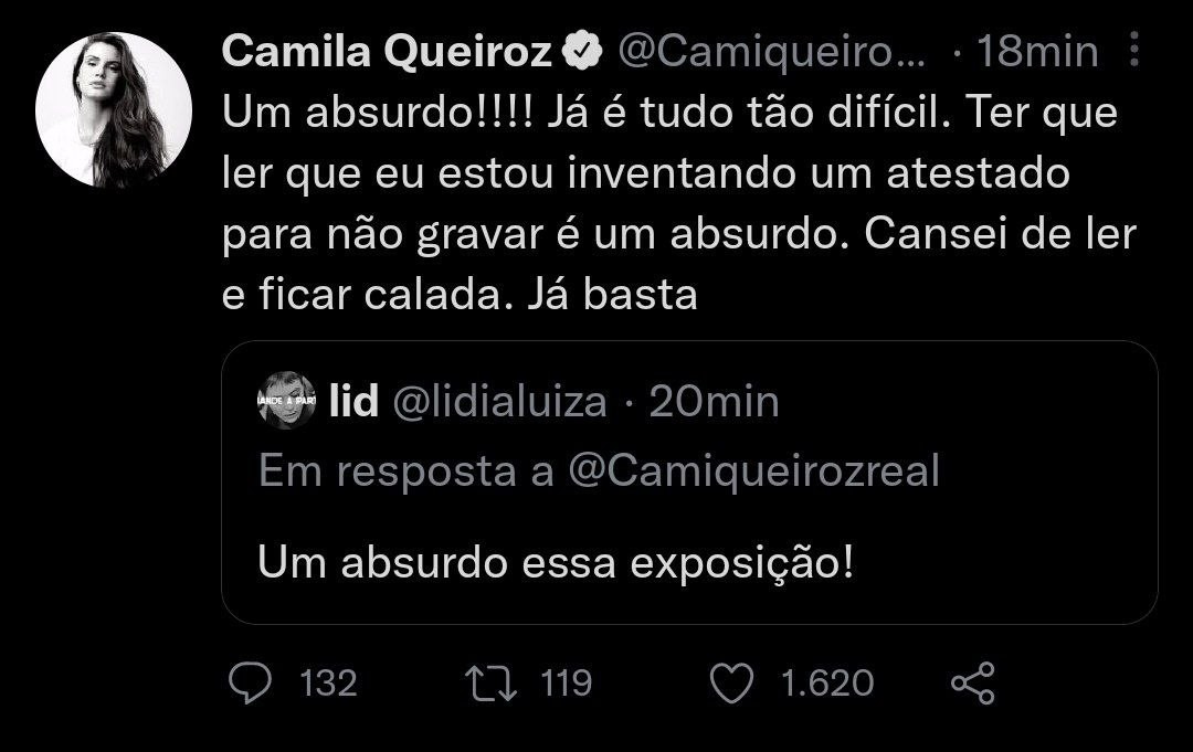 Camila Queiroz rebate insinuação de falsificar atestado (Foto: Reprodução/Twitter) Camila Queiroz rebate insinuação de falsificar atestado (Foto: Reprodução/Twitter)