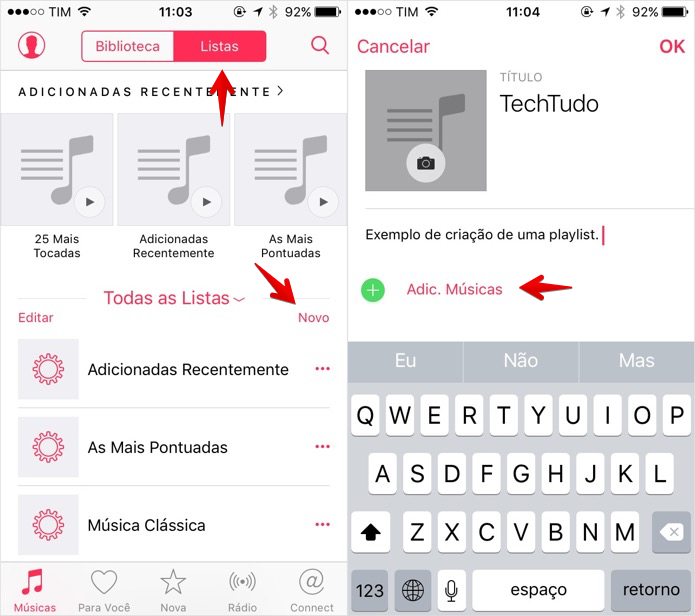 Criando uma playlist no iOS (Foto: Reprodução/Helito Bijora) Criando uma playlist no iOS (Foto: Reprodução/Helito Bijora)