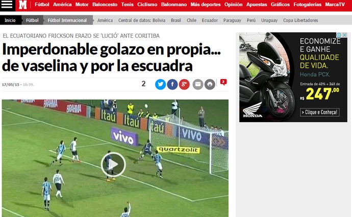 Jornal Marca Erazo gol contra Grêmio jornal espanhol (Foto: Reprodução)
