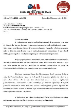 OAB enviou ofício para a Secretaria de Seguranlça Pública do Pará (Foto: Divulgação/ OAB)