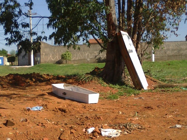 Internauta fotografa dois caixões abandonados em área de descarte de podas de árvores em Samambaia (Foto: Rejane Cardoso/VC no G1)